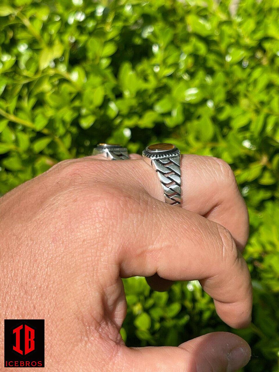 925 Sterling Silver Tiger's Eye Ring Miami Curb Style Cuban Link Band