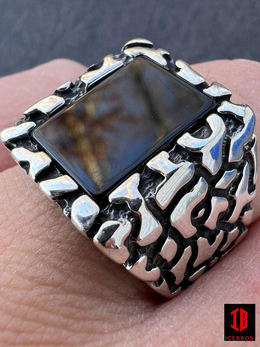 925 Sterling Silver Natural Black Nugget Onyx Gemstone Nugget Maze Ring