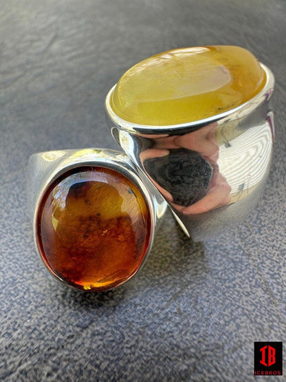 Big Vermeil Baltic Amber Stone Unisex 925 Sterling Silver Signet Ring