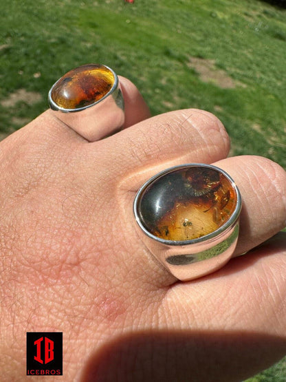 Big Vermeil Baltic Amber Stone Unisex 925 Sterling Silver Signet Ring