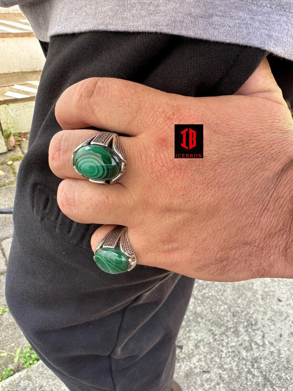 Big Green Malachite Gem Planet Solid 925 Sterling Silver Signet Ring