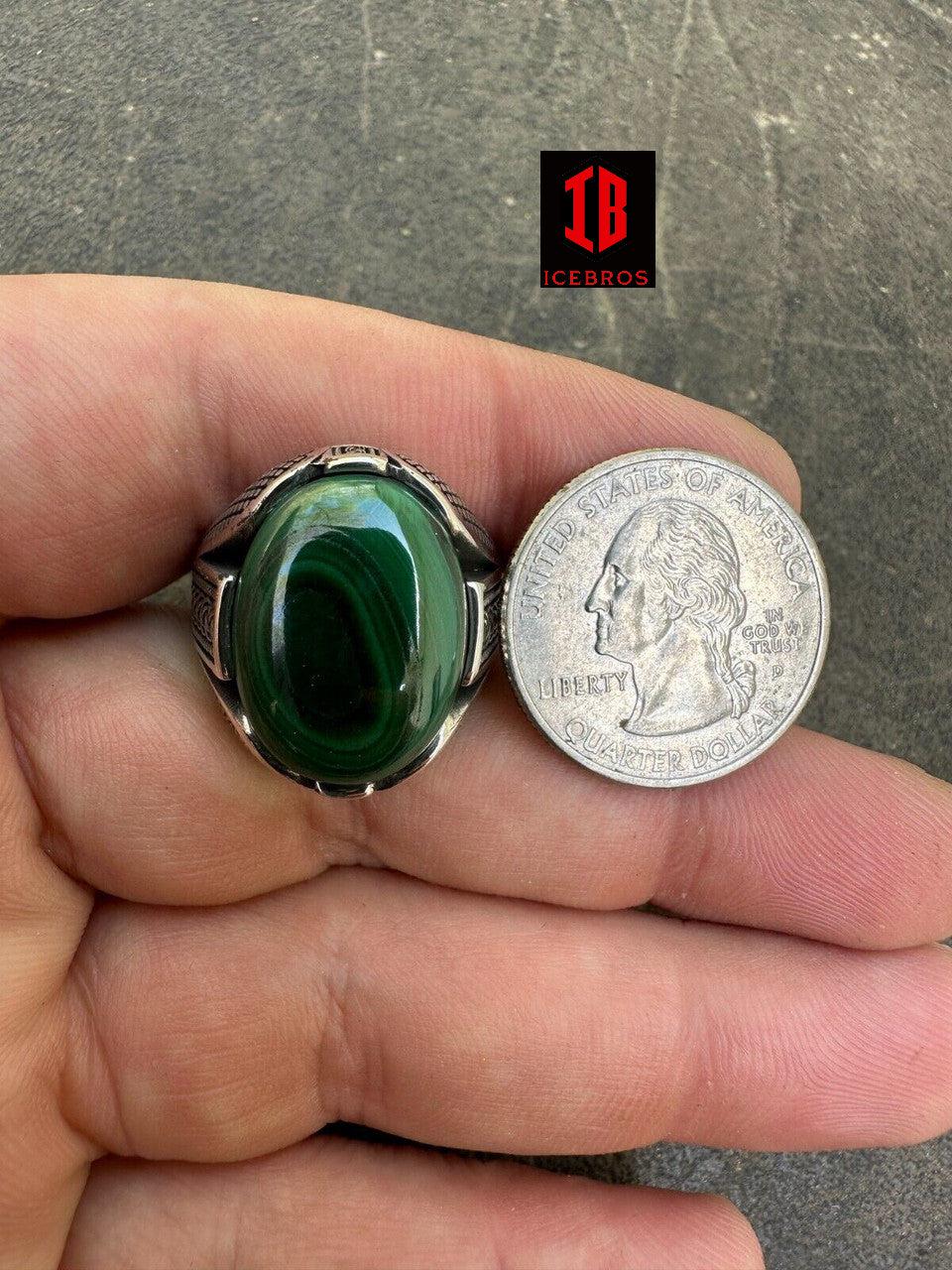 Big Green Malachite Gem Planet Solid 925 Sterling Silver Signet Ring