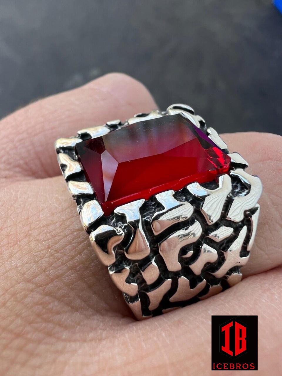 925 Sterling Silver Iced Simulated Big Red Ruby Nugget Large Ring