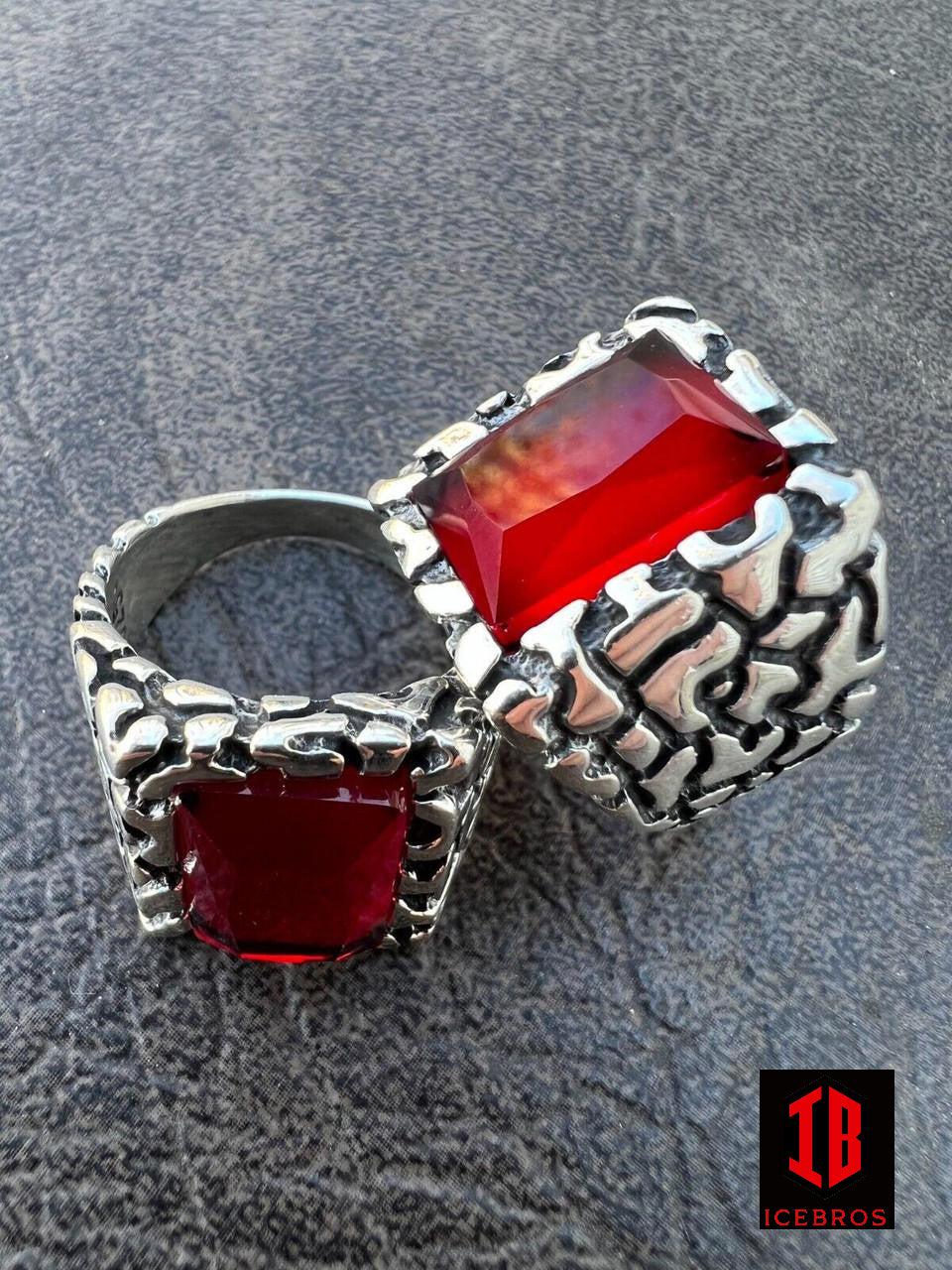 925 Sterling Silver Iced Simulated Big Red Ruby Nugget Large Ring