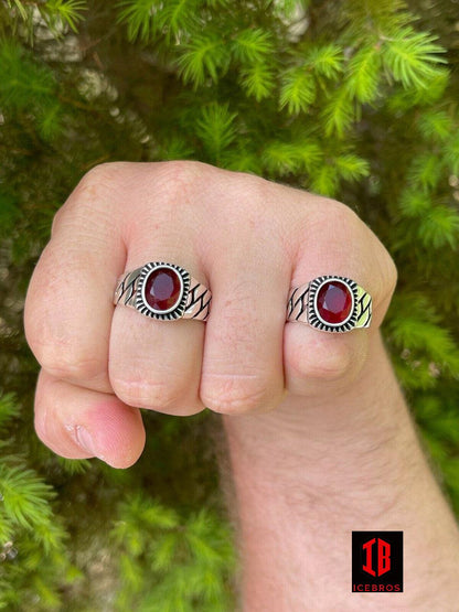 925 Sterling Silver Ruby Red Stone Ring Miami Vintage Cuban Link Band