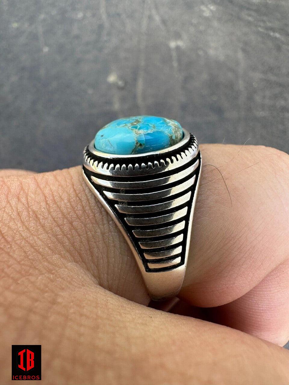 Blue Turquoise Gemstone Men's Vermeil 925 Sterling Silver Signet Ring