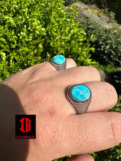 Blue Turquoise Gemstone Men's Vermeil 925 Sterling Silver Signet Ring