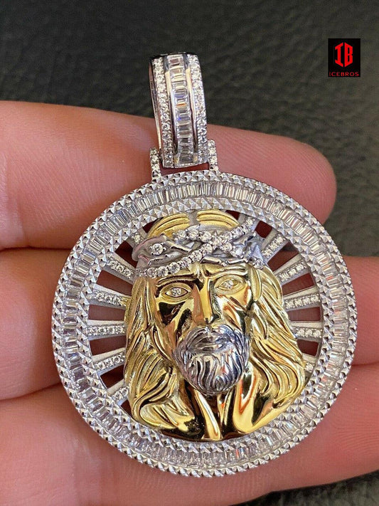 925 Sterling Silver Round 3D Jesus Piece Necklace Pendant Iced Large Baguette Medallion