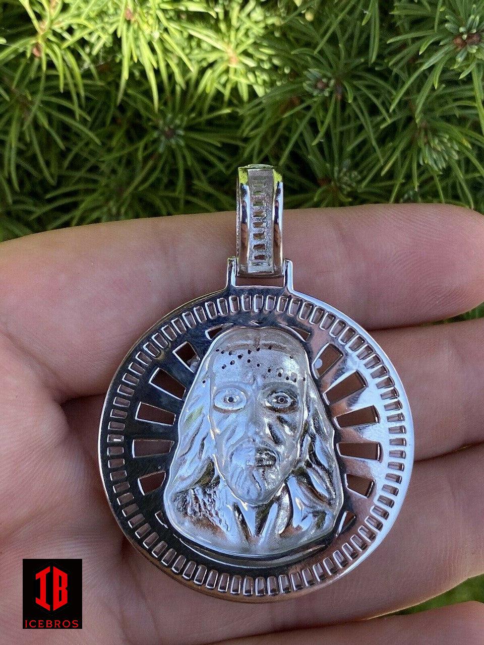 925 Sterling Silver Round 3D Jesus Piece Necklace Pendant Iced Large Baguette Medallion