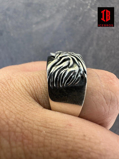 925 Sterling Silver Natural Black Enamel Rhodium Howling Wolf Signet Dog Ring