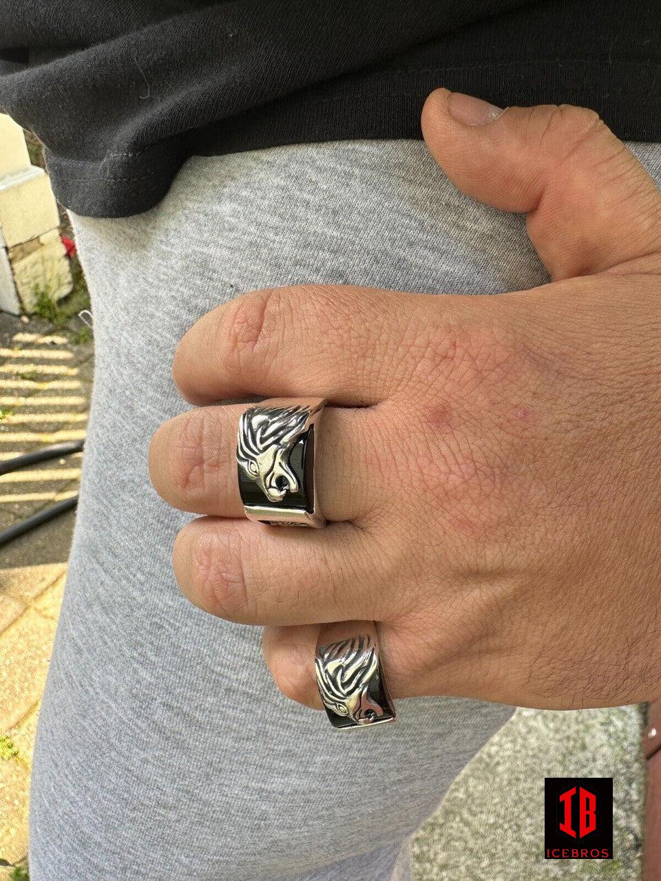 925 Sterling Silver Natural Black Enamel Rhodium Howling Wolf Signet Dog Ring
