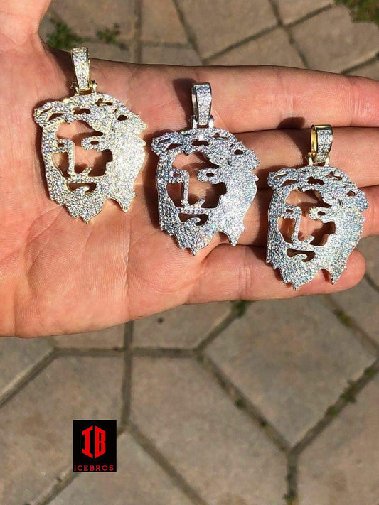 Solid Sterling Silver 925 Men's 3D Jesus Face Piece Pendant 1ct Diamond Chain
