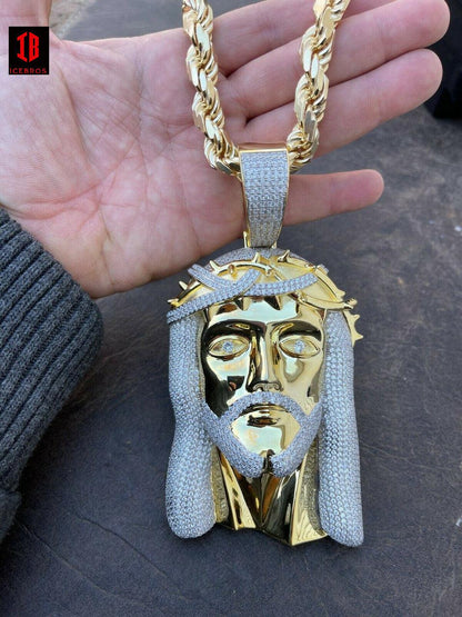 HUGE 6" 450 Gram Vermeil 925 Sterling Silver Men Iced Jesus Piece Pendant Necklace