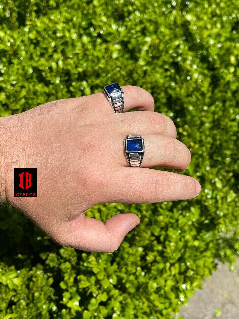 Men's Plain Real 925 Sterling Silver Blue & Red Ruby Sapphire Stone