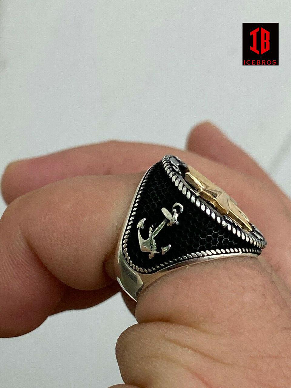 Men 14k Gold & Real Solid 925 Sterling Silver Anchor Sailor Compass Ring