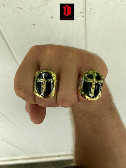 Men's 14k Gold Over Real Solid 925 Silver Jesus On Cross Ring Black Onyx Enamel