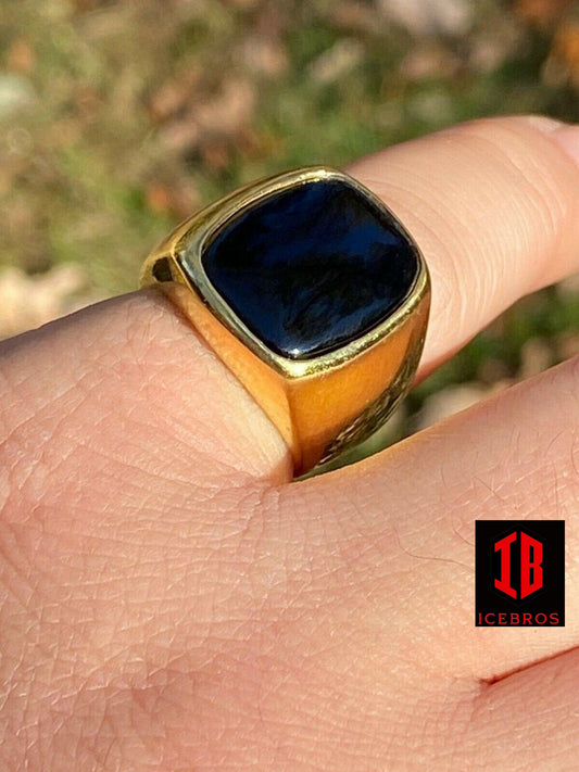 14k Gold Vermeil Real Solid 925 Sterling Silver Black Onyx Stone Men's Signet Ring