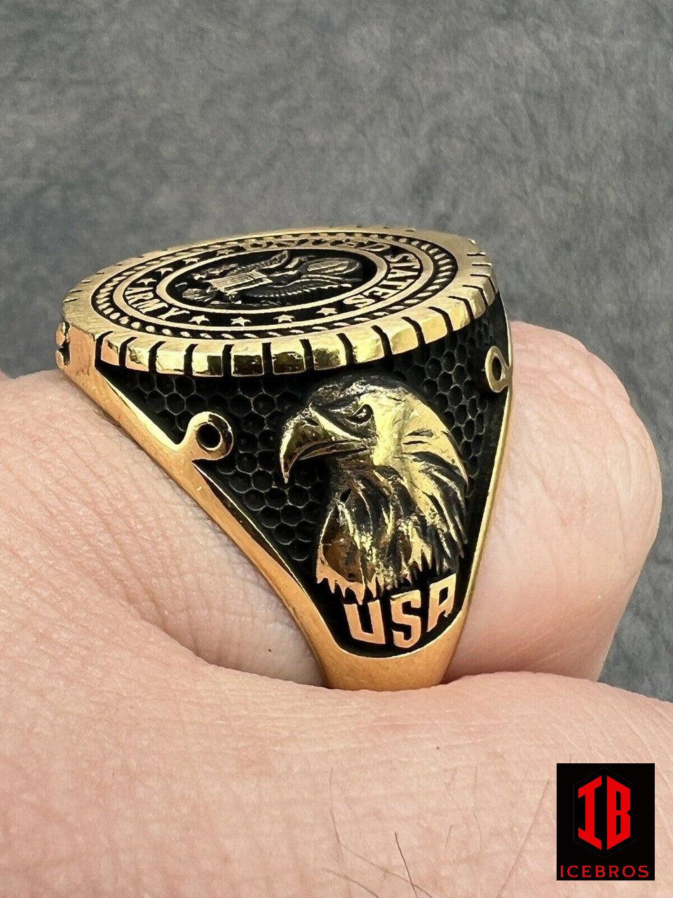 Men's Real 14k Gold Vermeil 925 Silver US Army Military Ring United States Enamel