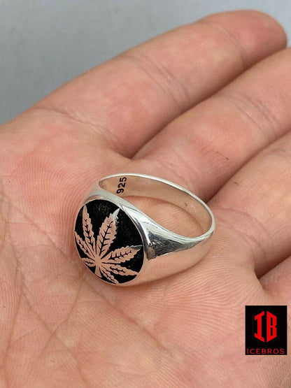 Men's Real Solid 925 Sterling Silver Enamel Marijuana Weed 420 Cannabis Ring
