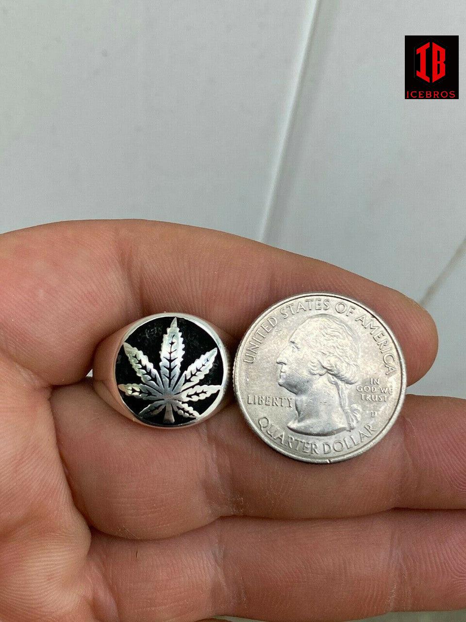 Men's Real Solid 925 Sterling Silver Enamel Marijuana Weed 420 Cannabis Ring