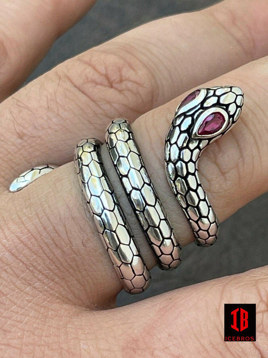 Snake Eye Ring Solid 925 Sterling Silver Wrap Around Cobra Purple Eyes Sizes 5-12