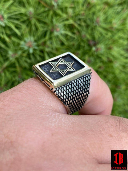 14k Gold & Fine Solid 925 Sterling Silver Jewish Star Of Magen David Ring