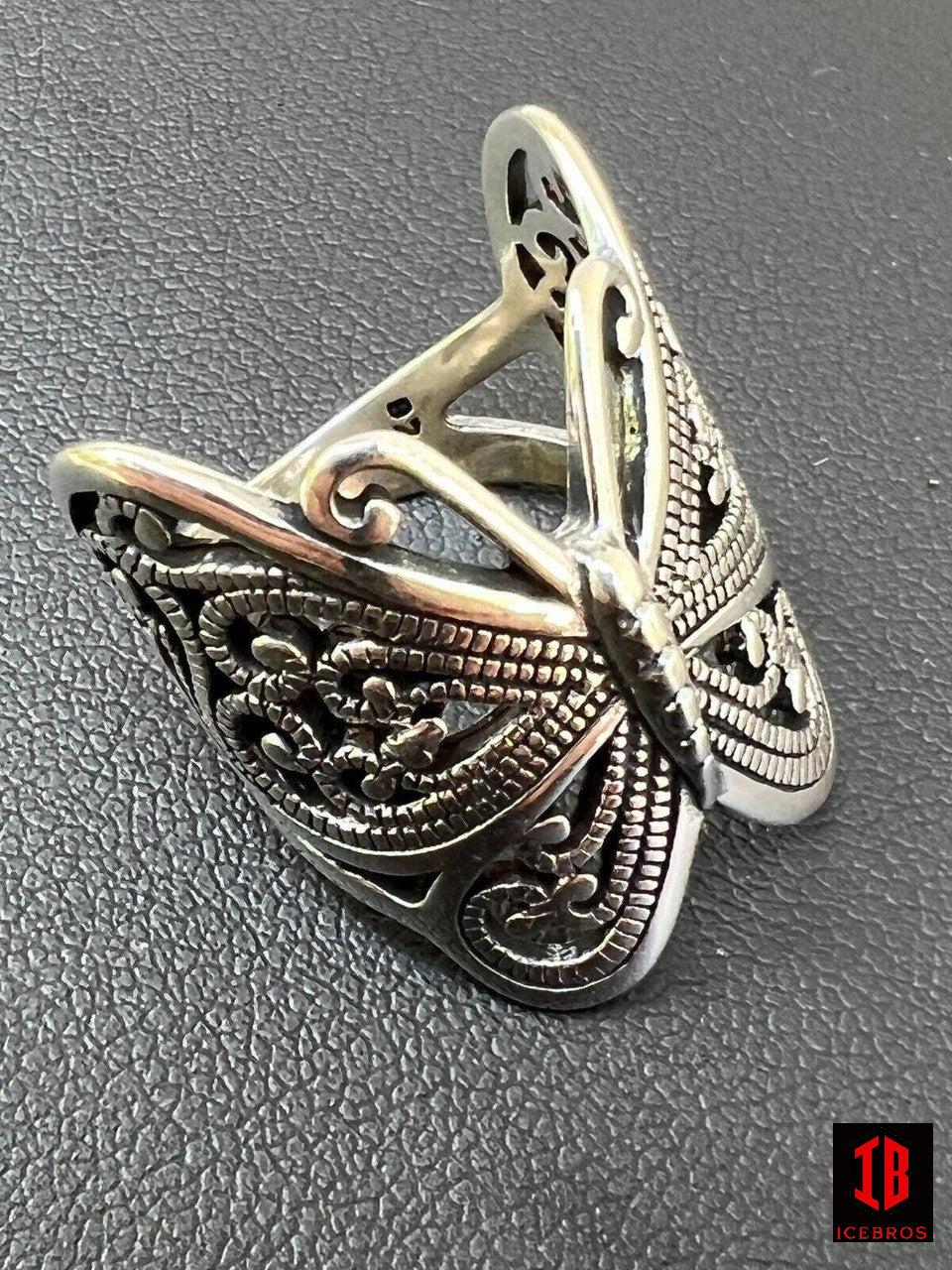 925 Sterling Silver Large Butterfly Ring Oxidized Rhodium Vintage Finish
