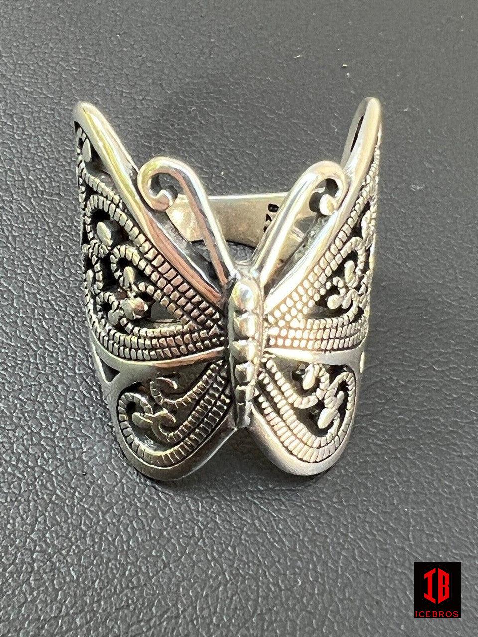 925 Sterling Silver Large Butterfly Ring Oxidized Rhodium Vintage Finish