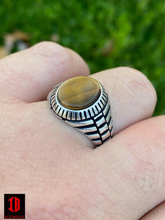Men's Yellow Solid 925 Sterling Silver Tiger's Eye Signet Ring Round Pinky Sz 7-13