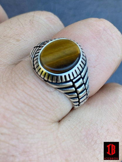 Men's Yellow Solid 925 Sterling Silver Tiger's Eye Signet Ring Round Pinky Sz 7-13