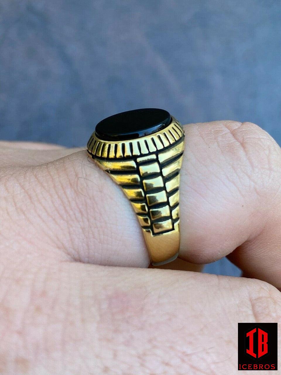 Men 14k Gold Over Real Solid 925 Sterling Silver Black Onyx Round Signet Ring