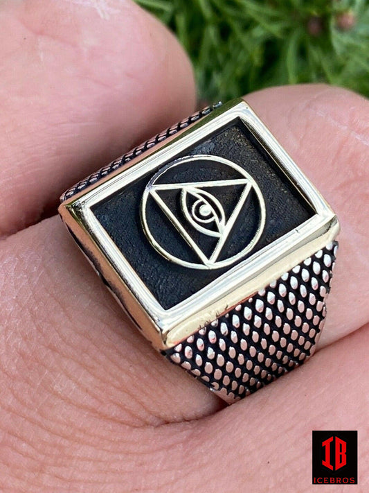 Men's 14k Gold Vermeil 925 Silver All Seeing Eye Of Providence Masonic Ring