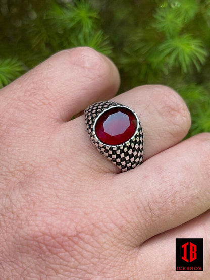 Mens Plain Real 925 Sterling Silver Ruby Red Stone Ring Pinky Or Signet Checker