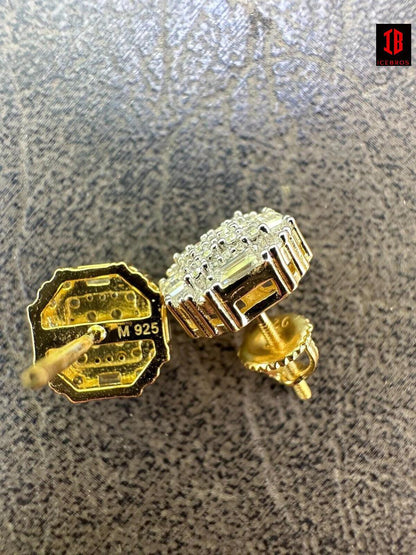 Cubic Zirconia 925 Silver 14k Gold Bonded Ice Screw-back Earrings 10mm Baguette Studs