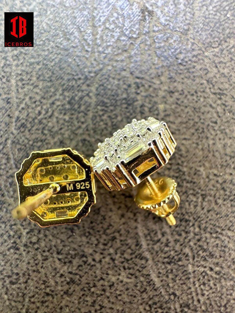 Moissanite 925 Silver 14k Gold Bonded Ice Screw-back Earrings 10mm Baguette Studs