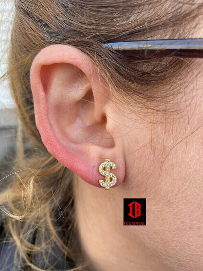 MOISSANITE Unisex 925 Silver Men Ladies Dollar Sign $ Money Earrings Iced Studs