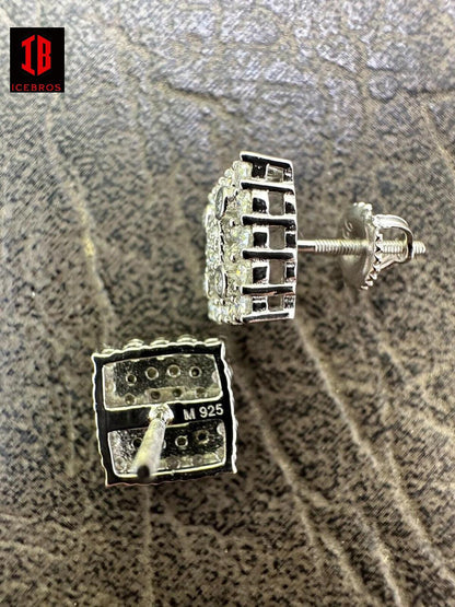Screw-backs Earring Square 10mm Real 925 Silver CZ Iced Large Unisex Studs Hip Hop