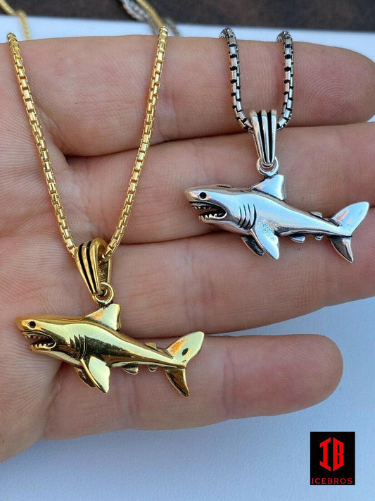 925 Sterling Silver 3D Great White Shark Gold Large Men's Ladies Chain