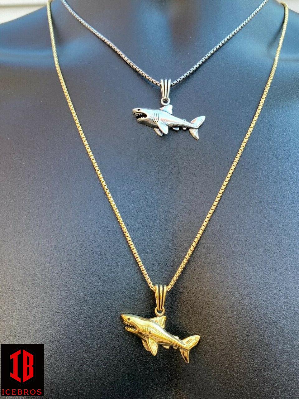 925 Sterling Silver 3D Great White Shark Gold Large Men's Ladies Chain
