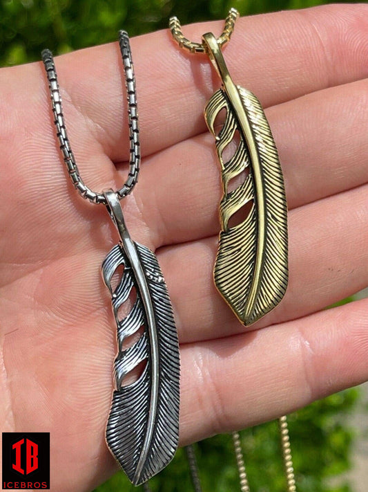 925 Sterling Silver Eagle Feather Charm Necklace Gold Men's Women's