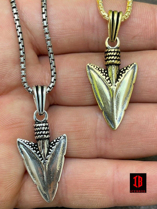 Men's14K 925 Silver Finish Shark Tooth Spear Head Pendant Necklace