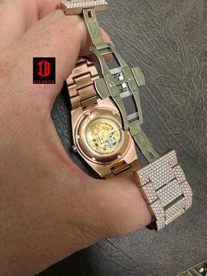 ICEBROS MOISSANITE Automatic Rose Gold Skeleton Watch Unisex Real Iced Hip Hop Pass D Tester ✅
