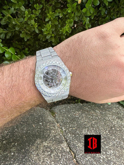 ICEBROS MOISSANITE Automatic White Gold Rhodium Skeleton Watch Unisex Real Iced Hip Hop Pass D Tester ✅