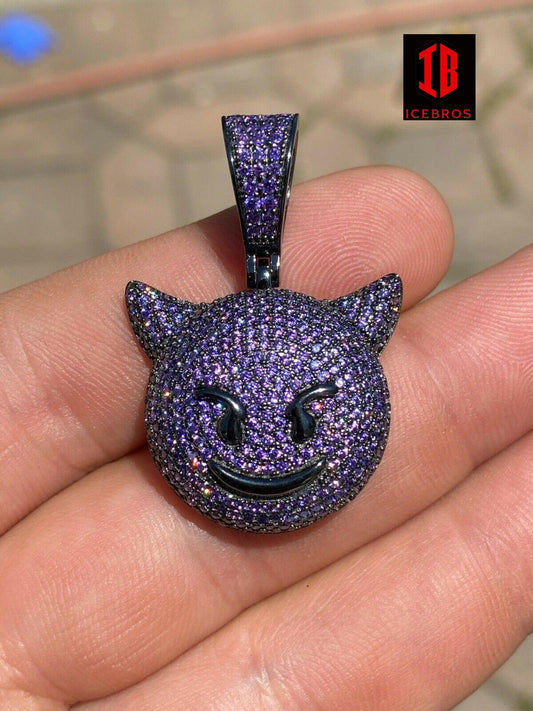 Smiling Devil Emoji Demon Pendant Solid 925 Silver Purple Diamond cz