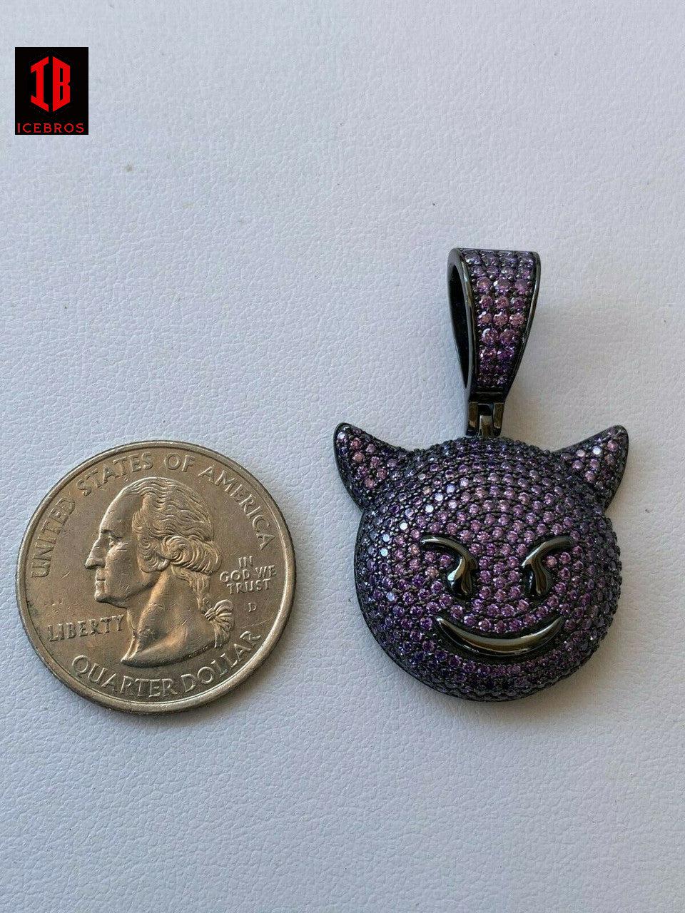 Smiling Devil Emoji Demon Pendant Solid 925 Silver Purple Diamond cz
