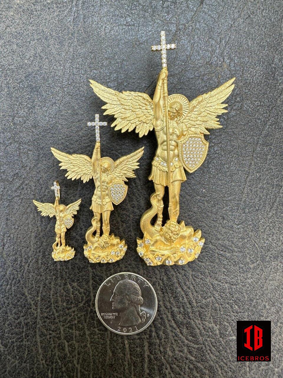 DRAGON SLAYER PENDANT, Moissanite Saint Michael Archangel 14k Gold, White & Rose Gold Finish, 925 Matte Silver Jewelry Charm Gift for Unisex