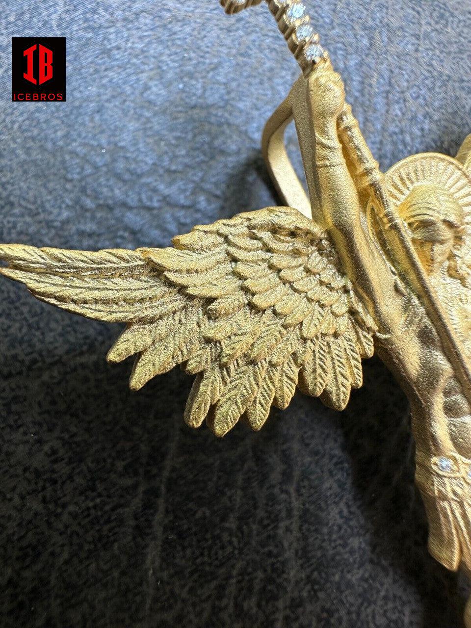 DRAGON SLAYER PENDANT, Moissanite Saint Michael Archangel 14k Gold, White & Rose Gold Finish, 925 Matte Silver Jewelry Charm Gift for Unisex