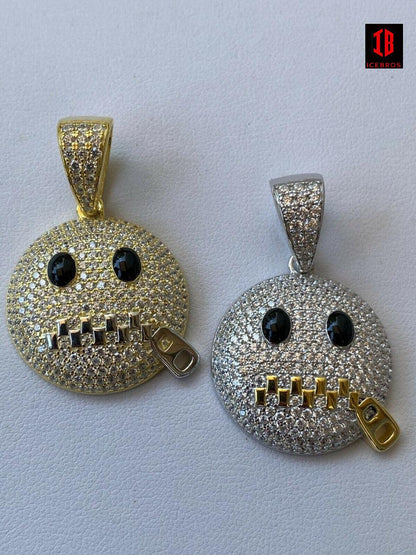 925 Silver Don't Speak  Zipper Mouth Emoji Pendant Necklace Iced
