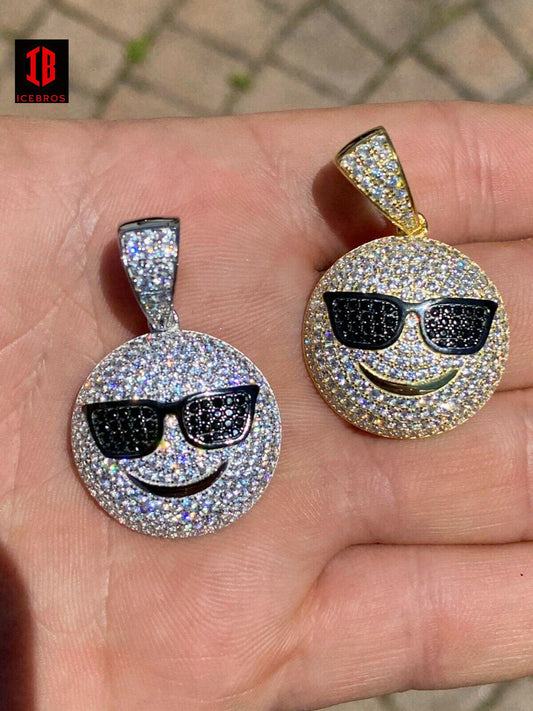 10k 925 Silver Hip Hop Cool Pendant Necklace Iced Smiley Sunglasses Emoji