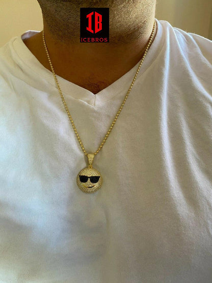 10k 925 Silver Hip Hop Cool Pendant Necklace Iced Smiley Sunglasses Emoji